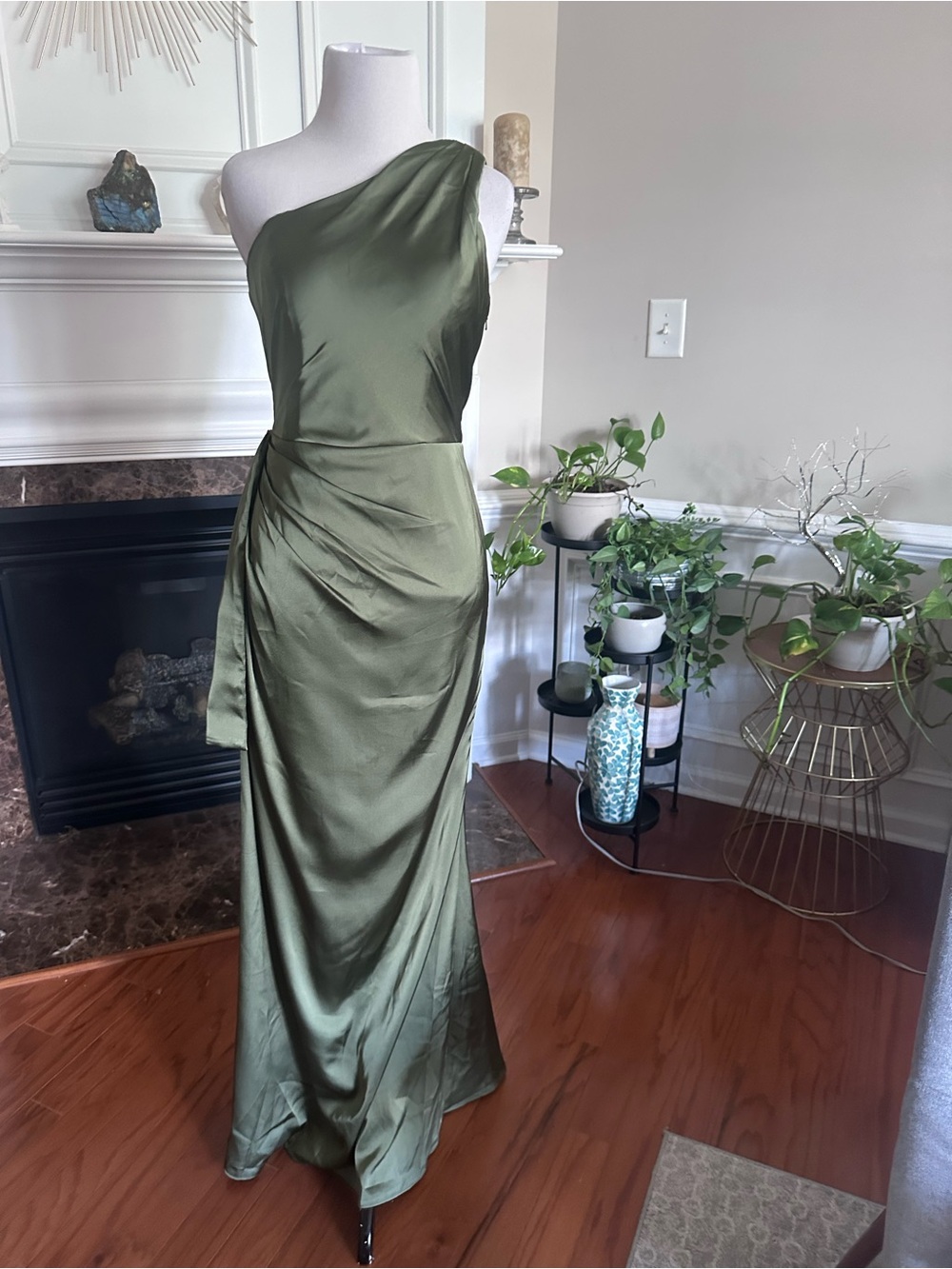 One-Shoulder Olive Green Satin Evening Gown
